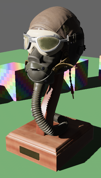 The Helmet model with MSAA, anti-aliasing. The edge between meshes are well aliased, but crenellation is noticeable on sharp shadows and specular highlights