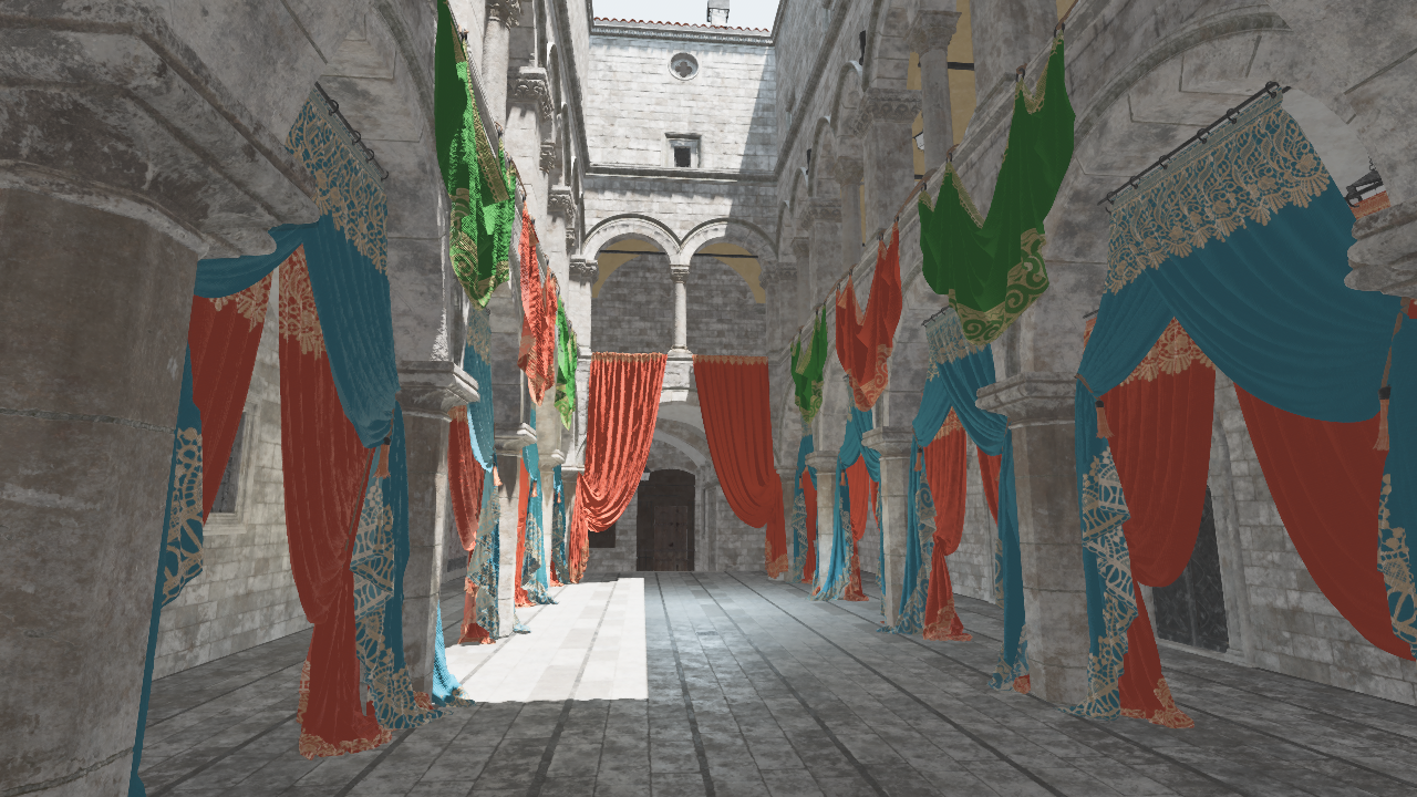 The Sponza scene without SSAO, it contains a lot of persian-style velvet curtains, they look awkward.