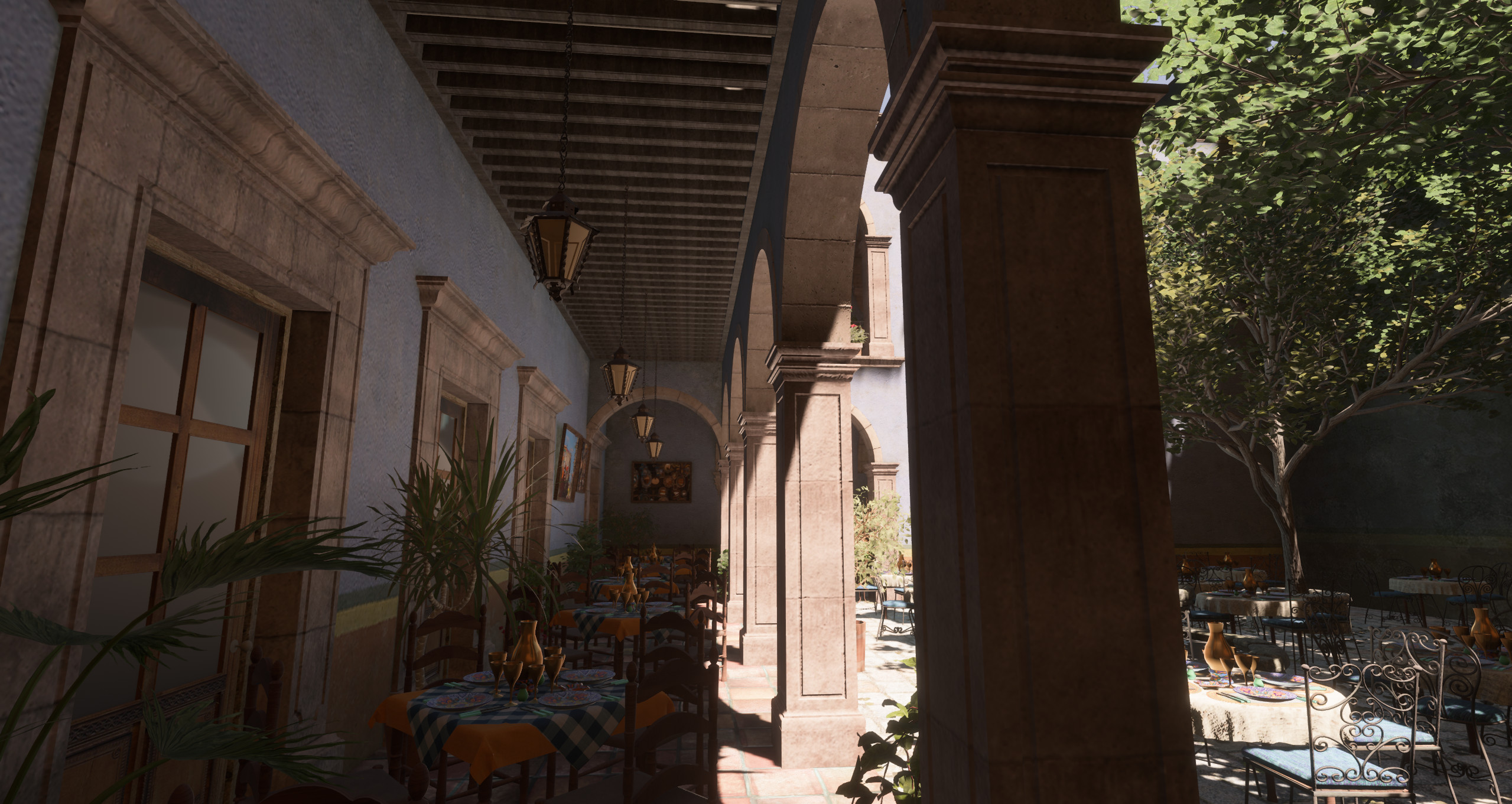 A high polygon, realistically lit screenshot of a beautiful cafe with a tree in the background.