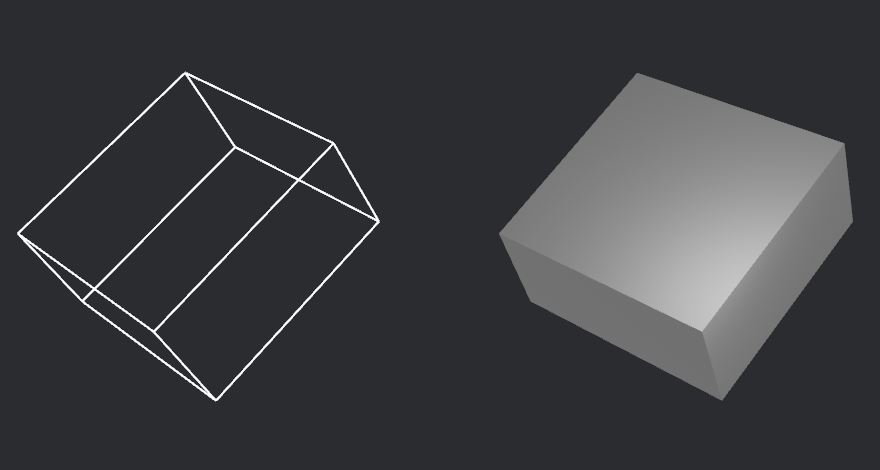On the left: A cuboid rendered with gizmos. It consists of 12 white lines. On the right: A cuboid rendered with meshes. It consists of 6 white faces.