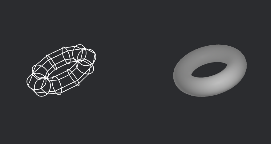 On the left: A torus rendered with gizmos. It consists of many small rings, all connected by 4 big rings. On the right: A torus rendered with meshes. A shape that looks like a donut.