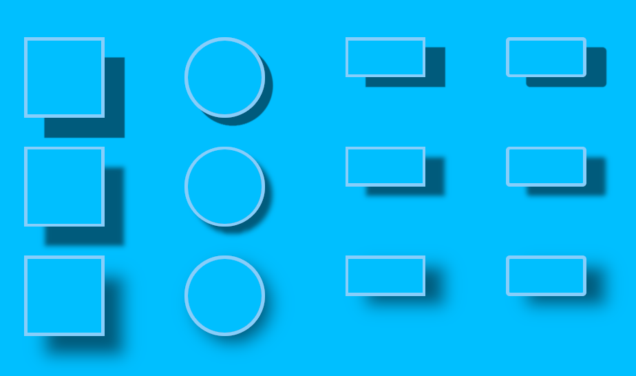 A demonstration of Bevy's box shadows. There are 12 shapes on a light blue background, and the border radius, aspect ratio and softness of the shadows is varied for each of them. The shadows cause the buttons to appear to hover above the page.