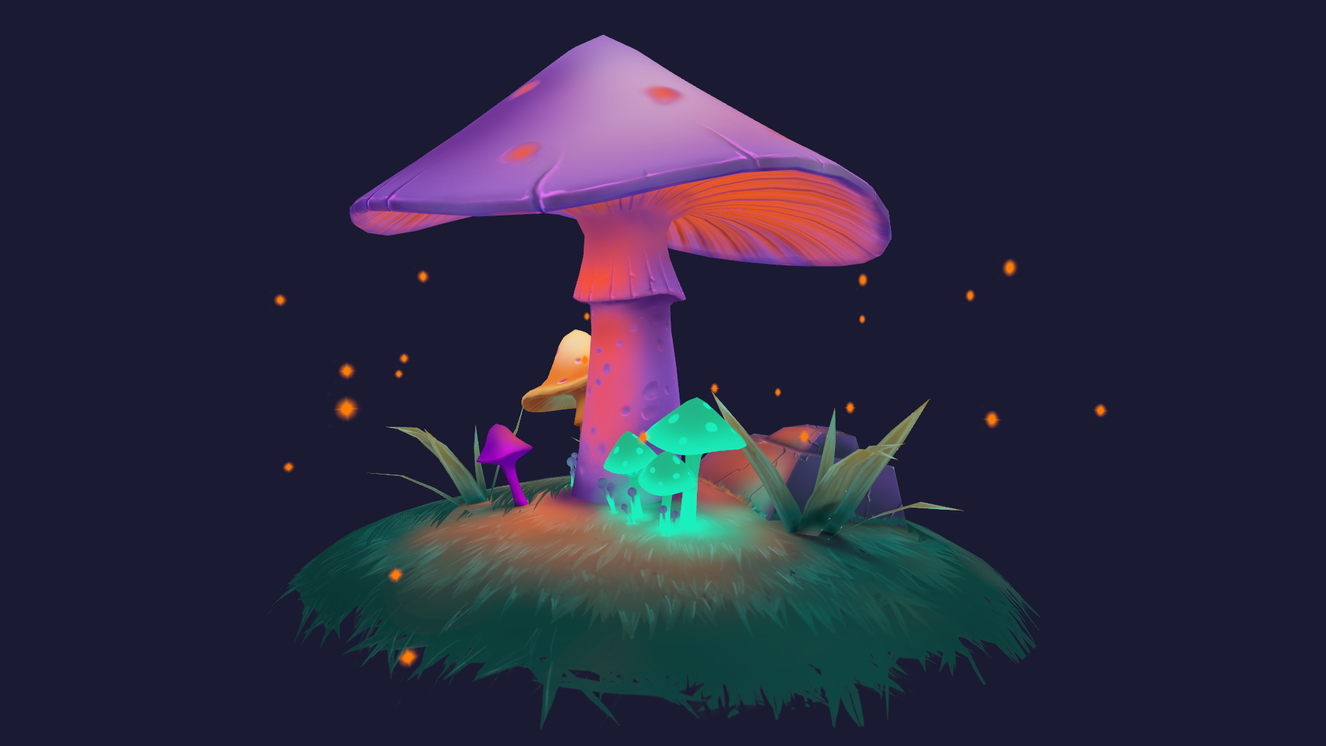 'Stylized mushrooms' scene by QumoDone rendered in Bevy. This scene is licensed under Creative Commons Attribution.